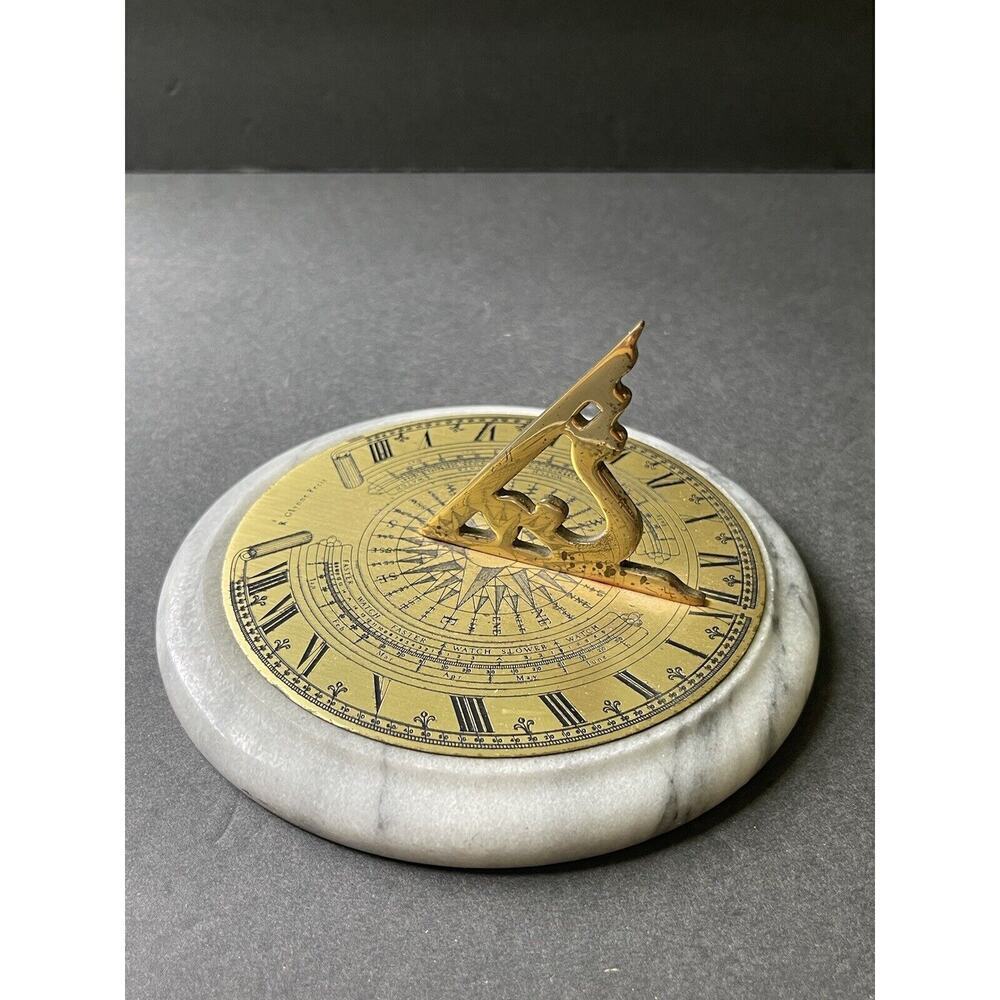 Vintage R Glynne Fecit Sundial Desk Decor Paperweight MCM Brass Marble